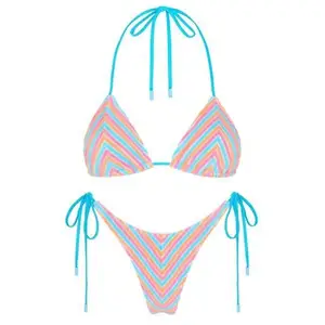 Triangle Stripe Terry Towelling Bikini Side-Tie Traje de baño Proveedor Este bikini triangular con lazo lateral está hecho de rayas coloridas