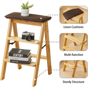 Folding Ladder Stool Wooden 3-Tier Shelf <b>Foldable</b> Storage <b>Step</b> Stool For Home Office Living Room - Product Image 2