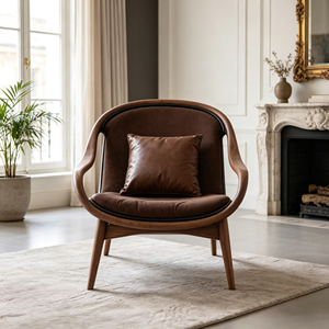 <span class=keywords><strong>Fauteuil</strong></span> de détente de style nordique avec structure en bois massif et revêtement en <span class=keywords><strong>cuir</strong></span> <span class=keywords><strong>marron</strong></span>, <span class=keywords><strong>fauteuil</strong></span> d'appoint pour la maison et l'hôtel - Product Image 5