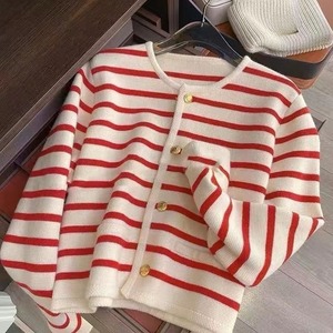Cardigan en tricot rayé à col rond pour <span class=keywords><strong>femme</strong></span>, style coréen, à boutonnage simple, vente directe usine - Product Image 2