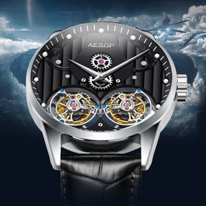 For Original Men Double Skeleton Tourbillon Wristwatch Casual Mechanical Movement Stainless Steel <b>Case</b> Sapphire Leather 22mm - Product Image 3