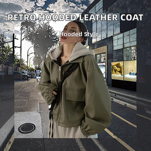 Veste Courte Décontractée et Polyvalente pour Femme, Style Rétro Automne, avec Fermeture Éclair, Grandes Poches, Capuche, en PU Non Tissé Écologique – Vente en Gros pour Boutiques - Product Image 2