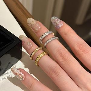 แหวนเปิดลายตาราง Ling ประดับเพชรครึ่งวงและครึ่งวงเรียบ ทำจากเงินแท้ S925 ดีไซน์หรูหรา ทันสมัย แหวนปลายนิ้ว - Product Image 5