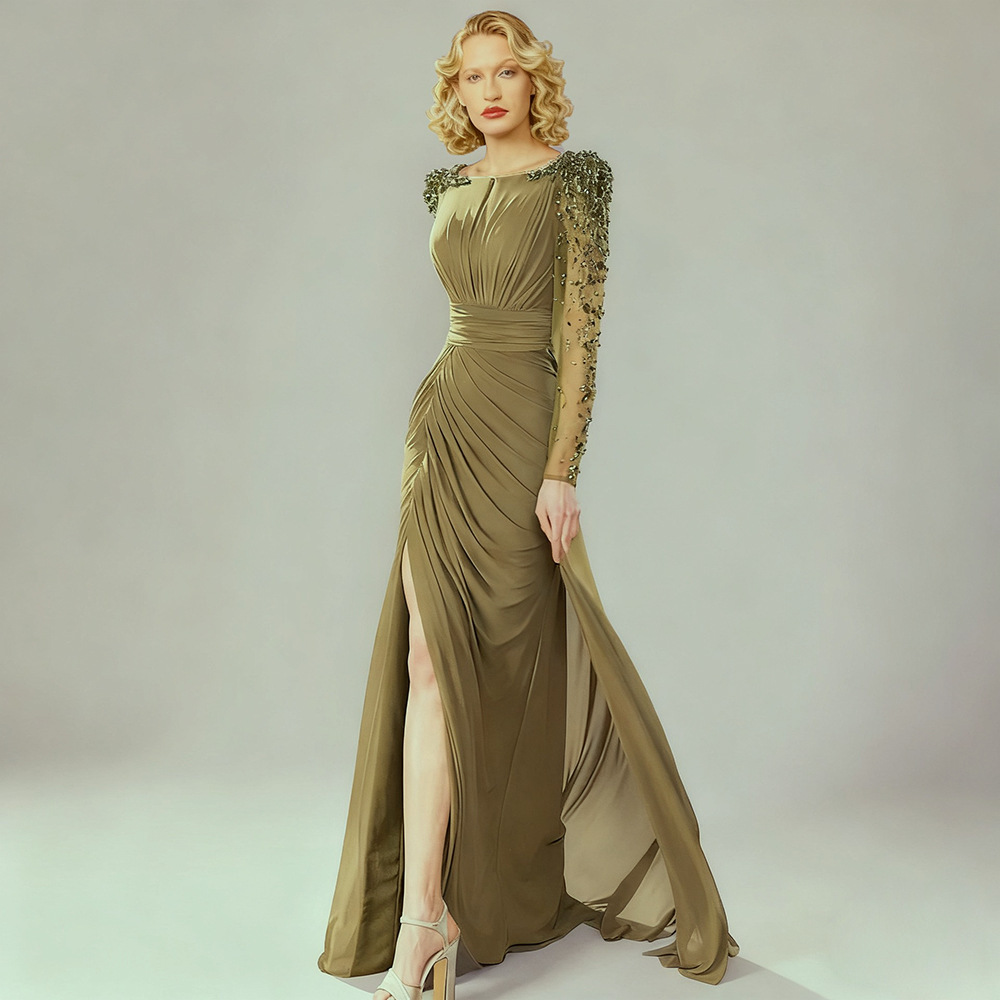 Luxury Olive Green Evening Dress Elegant Long Sleeve Beaded Maxi Gown Women  High Slit Formal Dresses for Party and Wedding| Alibaba.com