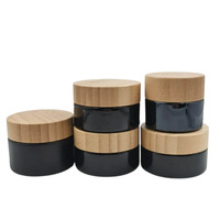 Wadah Kosmetik Bambu Hitam Matte Mewah Wadah Kosmetik Kaca Buram dengan Tutup Bambu dan Sendok