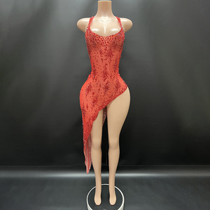 strapless open back dress Carley Diamante Satin Split Gown in Red - Elegant Gown