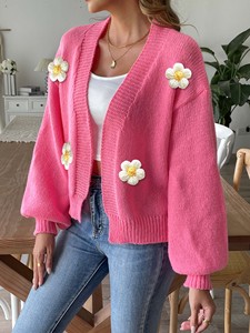 Fábrica Personalizado OEM & ODM Senhora Moda Design Gota Ombro Lanterna Manga Floral Applique Manga Longa Camisola <span class=keywords><strong>Cardigan</strong></span> das Mulheres - Product Image 2