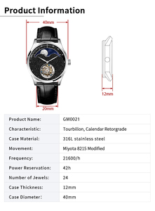 Montre mécanique automatique à tourbillon avec logo personnalisé, 40 mm, acier 316L, saphir, calendrier rétrograde, cadran secondes, montre-bracelet OEM - Product Image 4