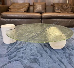 Js T031 thiết kế hiện đại kính đồ nội thất bằng đá tự nhiên cơ sở màu trắng thấp trung tâm Bàn cà phê Vòng tròn nghệ thuật Kính cuối bảng biệt thự - Product Image 3