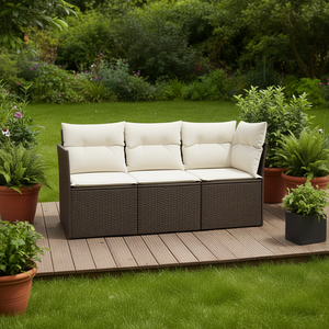 โซฟาหวายสีน้ำตาลสำหรับสวน 3 ที่นั่ง เฟอร์นิเจอร์กลางแจ้งพร้อมเบาะสีครีม กันน้ำ ดีไซน์ร่วมสมัย - Product Image 2