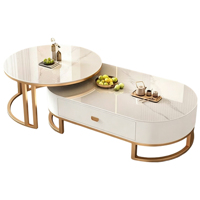 Table basse ovale de style luxueux en pierre frittée, esthétique minimaliste moderne pour petit appartement