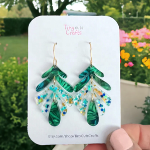 Boucles d'oreilles pendantes en acrylique feuilles tropicales scintillantes, frondes de <span class=keywords><strong>palmier</strong></span> vertes, bijoux de plage, style bohème <span class=keywords><strong>aquarelle</strong></span>, cadeau pour femme avec résine/lucite - Product Image 5