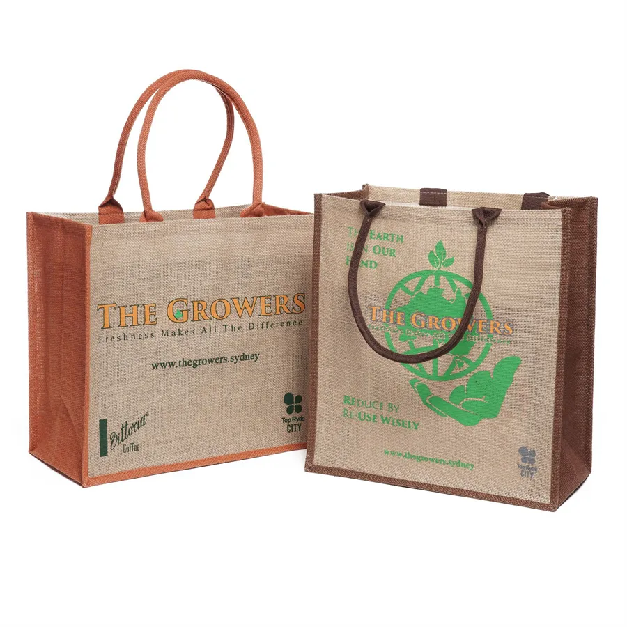 Bolsa de serapilheira estampada personalizada, sacola de juta eco reutilizável