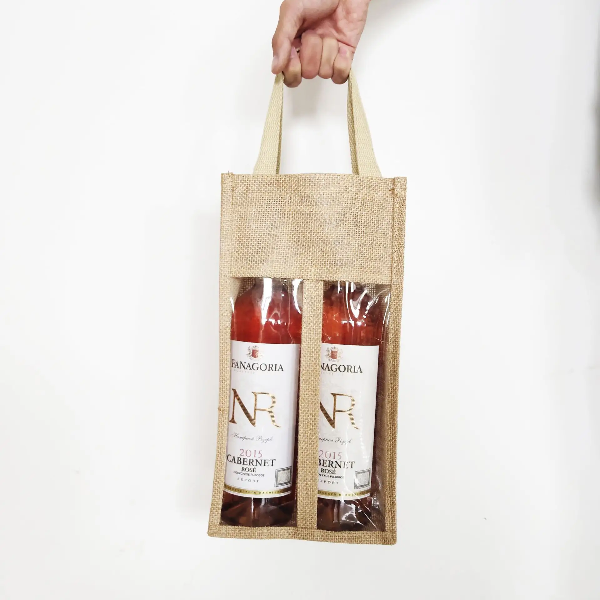 Bolso individual de yute, bolsa de arpillera para botella de vino, bolsas de yute con mango de cuerda