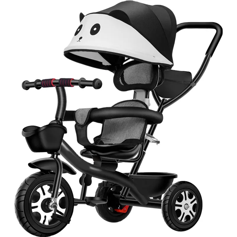 Triciclo panda de bebê de alta qualidade, bicicleta de pedal quatro em um para crianças com guarda-chuva, brinquedo infantil seguro e confortável