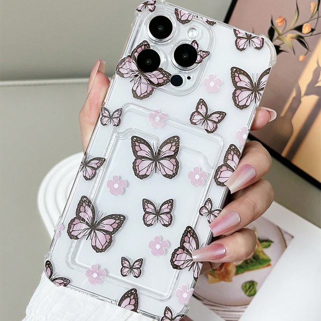 New Pink Flower Butterfly Printing Card Slot Transparent TPU Mobile Phone Cover Case for Iphone 11 12 13 14 15 16 17 18 Pro Max