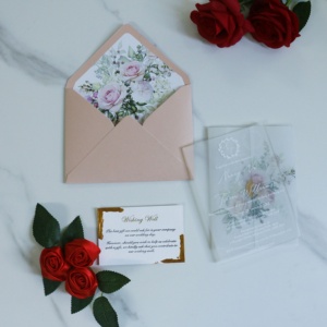 Tarjeta de invitación personalizada para fiesta de boda, papel acrílico esmerilado con diseño Floral con manga de terciopelo - Product Image 5