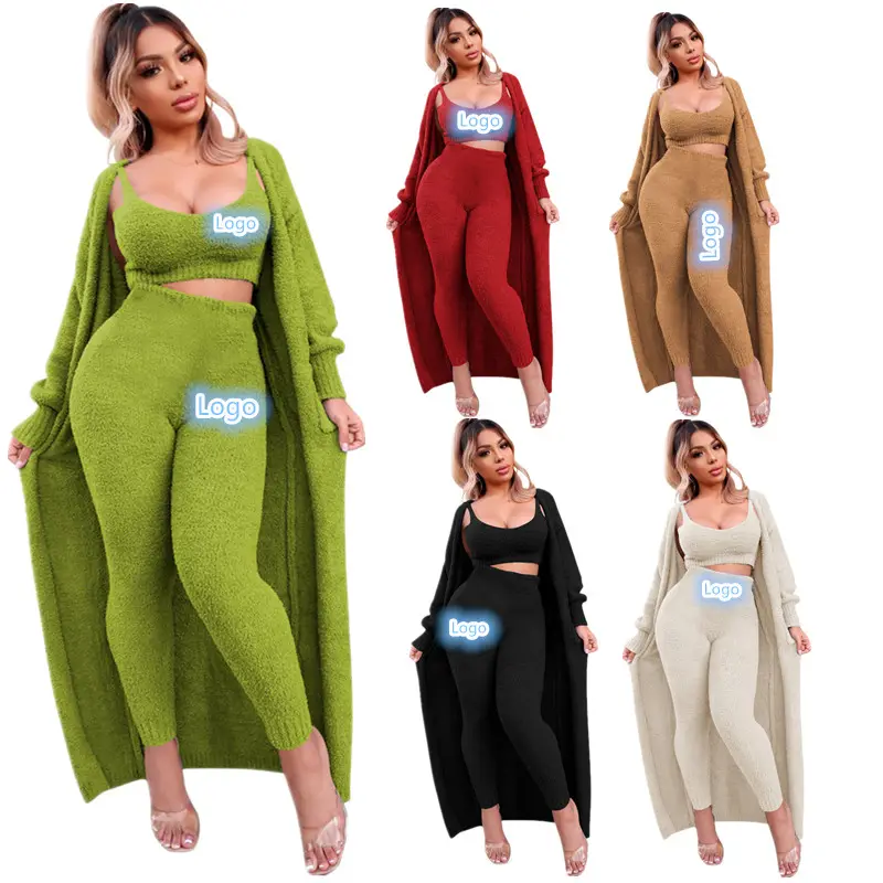 Custom embroidery logo cotton terry towel clothing cardigan and long leggings 3 piece set long sweater cardigan for women