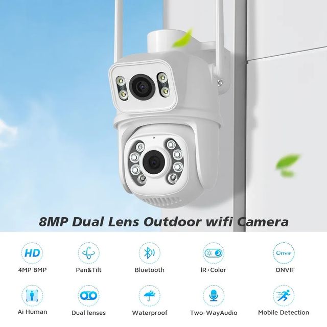 Smart Home 8MP 4K HD Dual Screen WiFi IP Camera Outdoor PTZ Wireless Security CCTV AI Human Detect Auto Tracking 140 Wide