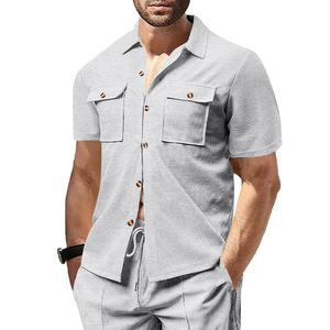 Camisa Casual de Manga Corta para Hombre, Estilo Waffle, Color Sólido, Cuello Clásico, Bolsillo con Botón, Transpirable, para Trabajo y Ocio - Product Image 5