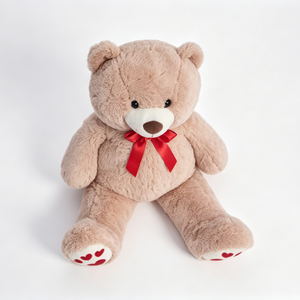 Customized Light Brown Teddy Bear Plush, Soft Sitting Stuffed Bear with <b>Red</b> Satin Neck <b>Bow</b> & Embroidered <b>Red</b> Heart Paw Prints - Product Image 6