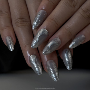 <span class=keywords><strong>Faux</strong></span> <span class=keywords><strong>ongles</strong></span> en amande courte, style français argenté, <span class=keywords><strong>avec</strong></span> pâte argentée 3D, à presser, <span class=keywords><strong>ongles</strong></span> artificiels - Product Image 1