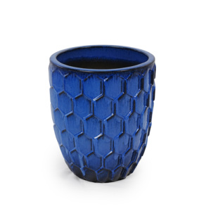 Pot de fleurs en céramique bleu royal de style américain à motif nid d'abeille - Écologique, durable, décoratif, avec trou de drainage pour - Product Image 4