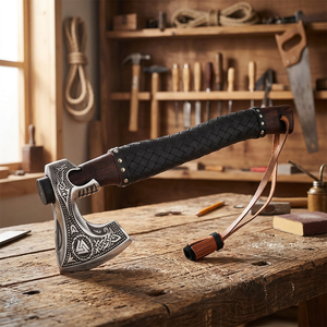 Hand Forged Industrial Damascus Steel Viking Tomahawks <b>Axe</b> Head Custom Engraved Wood <b>Handle</b> Battle Ready Decorative Leather - Product Image 3