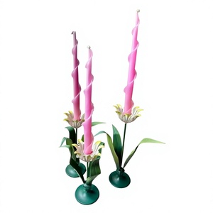 Floral Candlestick Holder Set with <b>Pink</b> Taper <b>Candles</b> Green Base Home Decoration Brass Material Durable Design - Product Image 1