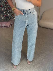 Jeans da Donna di <span class=keywords><strong>Alta</strong></span> Gamma Stile High Street per Ragazze alla Moda con Strass, Lavaggio Effetto Consumato, Traspiranti, Stile Casual <span class=keywords><strong>a</strong></span> <span class=keywords><strong>Vita</strong></span> Bassa e Gamba Dritta - Product Image 3