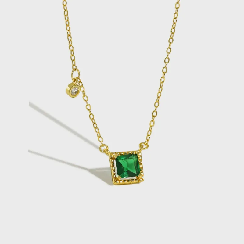 S925 Sterling Zilveren Mode Geometrische Vierkante Emerald Zirkoon Ketting Ketting Ornament
