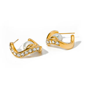 J & D anting-anting mutiara cangkang Hoop CC perhiasan kancing minimalis tekstur baja tahan karat PVD lapis emas 18K - Product Image 1