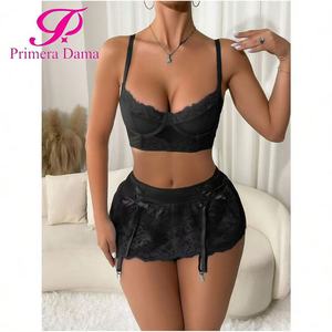 Da donna Sexy pizzo ricamato 3 pezzi Lingerie Set reggiseno trasparente gonna perizoma regolabile biancheria intima OEM fornitore all'ingrosso per - Product Image 4
