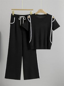 Conjunto de 2 Piezas de Punto <span class=keywords><strong>para</strong></span> Mujer, Top con Detalles de Crochet y Pantalones Anchos de Cintura Alta, <span class=keywords><strong>Traje</strong></span> de Punto Informal de Verano <span class=keywords><strong>para</strong></span> Uso Diario - Product Image 1