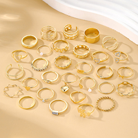 Ensemble de 30 bagues tendance en or avec cœur, feuille et perle pour femme, bijoux punk, diamants, cristaux, strass, bagues empilables