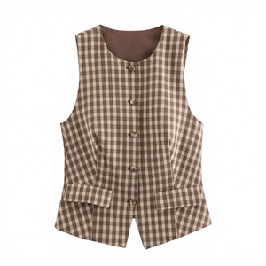 Chaleco y Chaqueta sin Mangas para Mujer, Color Marrón, Estampado a Cuadros, Tejido, Cuello Redondo, Casual, Transpirable - Product Image 3