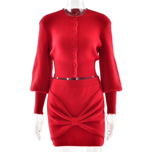 European American Style Winter <b>Knit</b> Sweater <b>Set</b> Solid Color Button Front Bodycon Skirt Two Piece For Women - Product Image 5