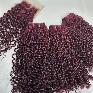 Wholesale Price 12A Double Drawn Weft Weaves Virgin Mink Peruvian 99J Dark Burgundy Pixie Curly Human Hair Bundles Extensions