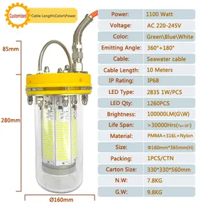 Màu Xanh Lá Cây 1100W 8 Side Glow Cộng Với Dưới Ánh Sáng Mạnh Mẽ Chìm Carpfishing LED Sâu Drop Dưới Nước Ánh Sáng Câu Cá