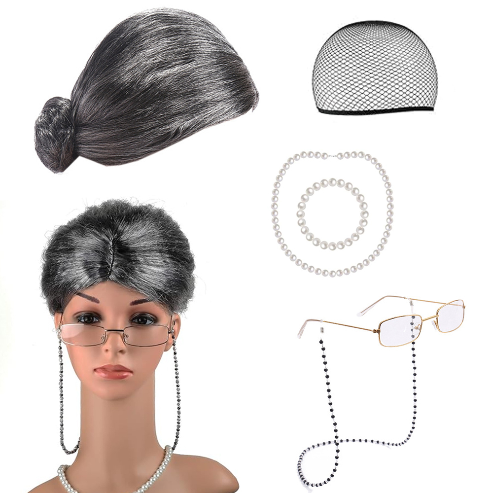 Halloween Cosplay Old Lady Wig Costume Set Gray Hair Grandma  display picture 3