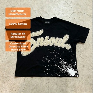 เสื้อยืดสีดำผ้าฝ้ายแท้ 100% แบบสั่งทำพิเศษ ปักอักษรเชนีลประดับมุกและลายเพ้นท์สาดสี สไตล์โอเวอร์ไซส์ สตรีทแวร์ลำลอง - Product Image 1