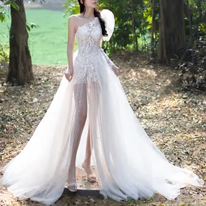 Sexy Và Thời Trang Ren Bridal Wedding Gowns Một Tay Áo Ảo Ảnh Chân Cao Chia Wedding Dresses Vestido De Novia 2024