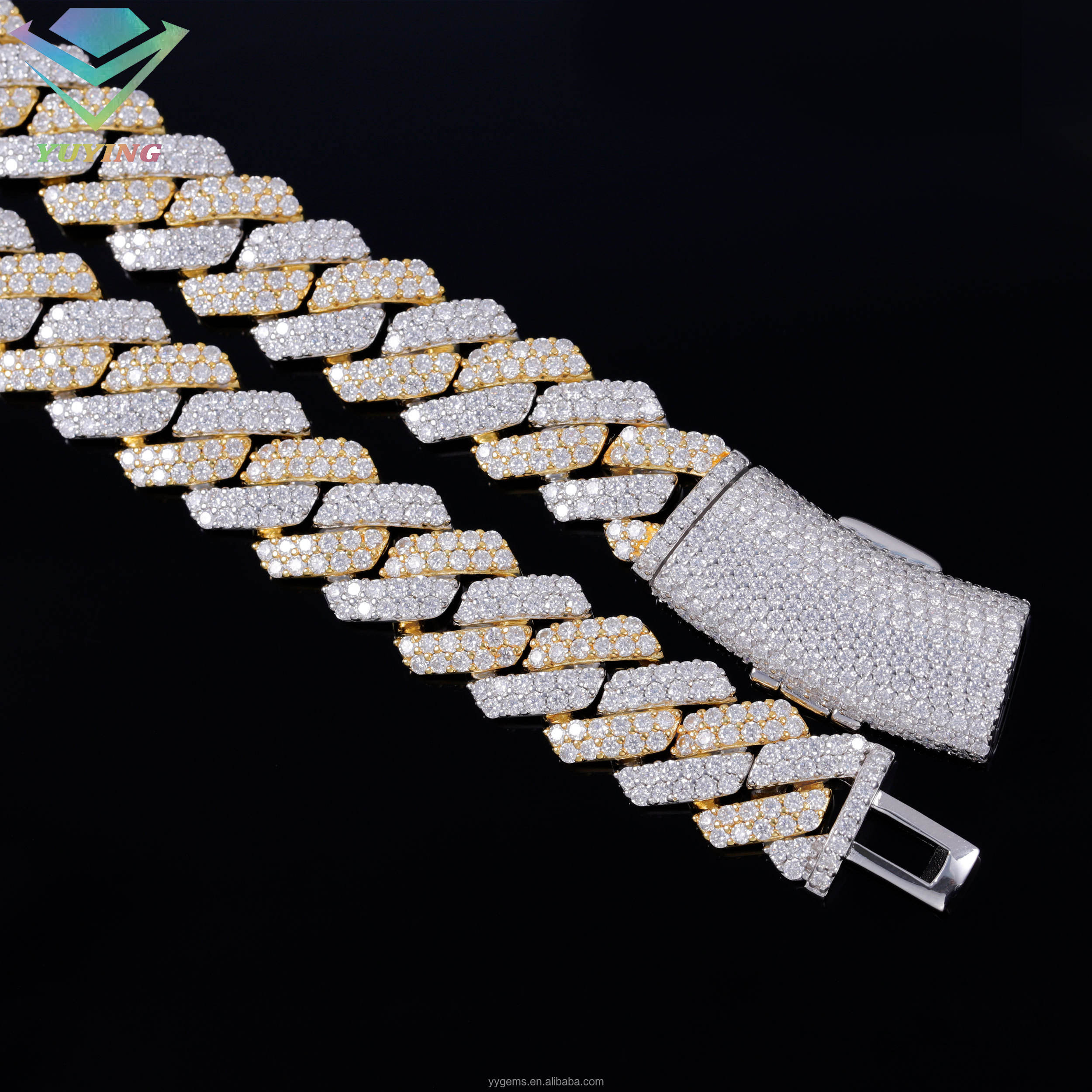 2 tones plated-14 mm 2 rows moissanite silver chain