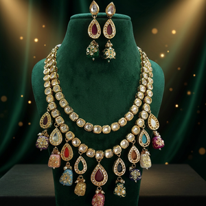Ensemble de collier Kundan pour femmes, plaqué or, 2 couches, zircon multicolores, pour mariage traditionnel, fiançailles, soirée - Product Image 3