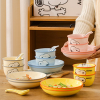 Service de table en céramique Snoopy, 4 pièces, pour 1 personne, comprenant bol, assiette, tasse, cuillère, avec boîte cadeau, vaisselle mignonne