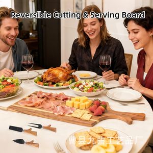Acacia Wood <b>Cheese</b> Board <b>Set</b> Double-sided Cutting Board With <b>Knife</b> And Fork Solid Wood For Kitchen Use - Product Image 4