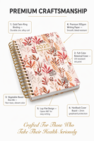 Planificateur de santé personnalisé avec impression florale, couverture rigide, planificateur d'entraînement et de repas avec reliure spirale dorée et pages en couleur.