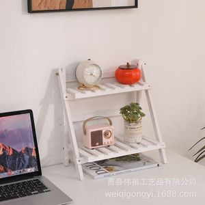 Solid Wood Double Layer <b>Desktop</b> <b>Shelf</b> White 2 Tier Storage Rack For Office Organizer With Plant Stand And Decorative Display - Product Image 1
