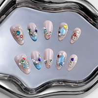 Ongles en acrylique complets de luxe français, forme amande, à presser, faits à la main, faux ongles, diamants colorés, haute qualité