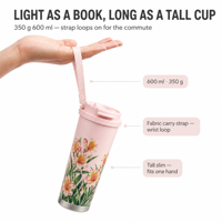 Tumbler Kopi Stainless Steel 316 600ml, Cangkir Terisolasi Dengan Sedotan Ganda, Motif Bunga, Tali Gantungan, Untuk Wanita Kantoran